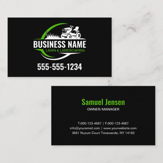 Simple Black Green Lawn Mowing Service Logo Business Card (Front/Back)