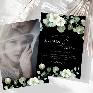 Simple Black Greenery Eucalyptus Photo Wedding Invitation