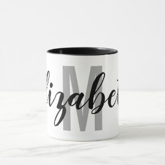 Simple Black Grey Hand Script Monogram Mug