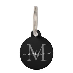 Simple Black Grey Silver Monogram Feminine Script Pet Tag