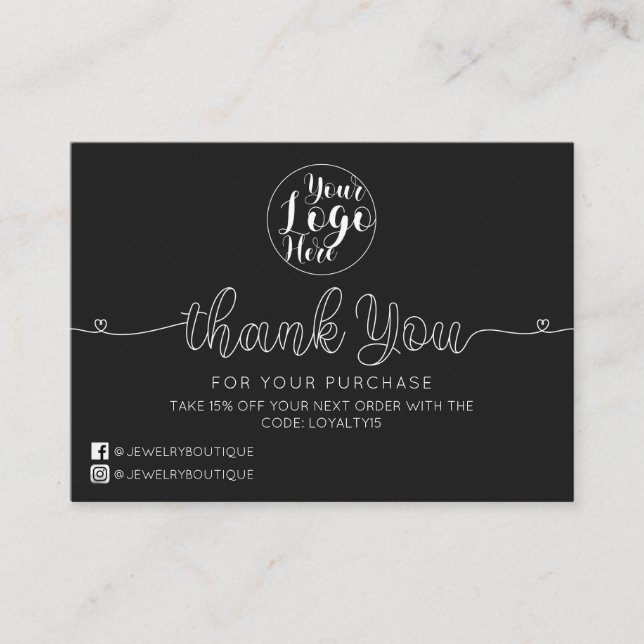 Simple Black Handwritten Hearts Customer Thank You Business Card (Front)