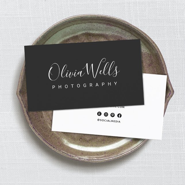 Simple Black Handwritten Script Social Media Icons Business Card (Creator Uploaded)