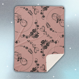 Simple Black Hearts, Floral, Infinity on Plum Sherpa Blanket