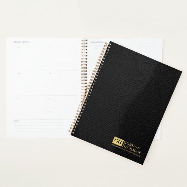 Simple Black Leather Texture Custom Monogram Planner (Display)