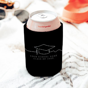 Simple Black Line Art Graduation Cap Can Cooler