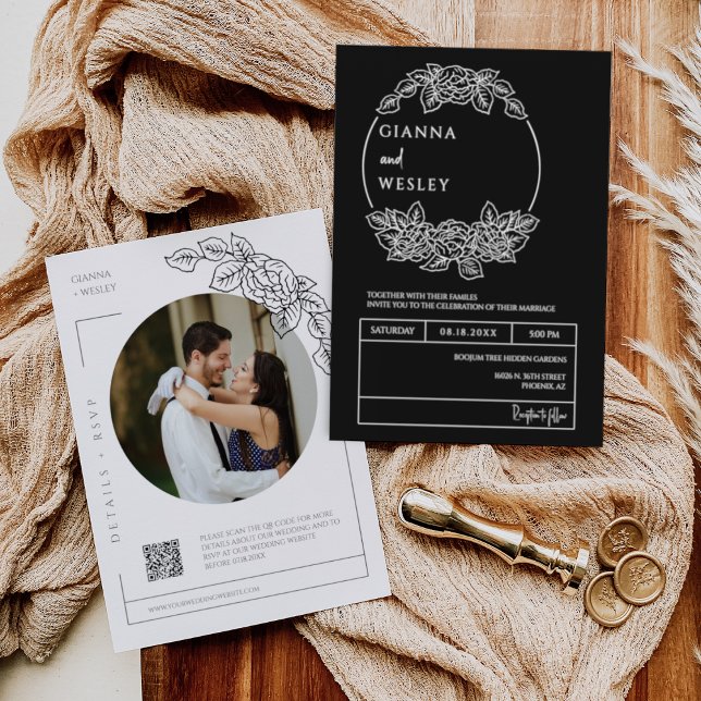 Simple Black Minimal Boho Line Art QR Code Photo  Invitation (Creator Uploaded)