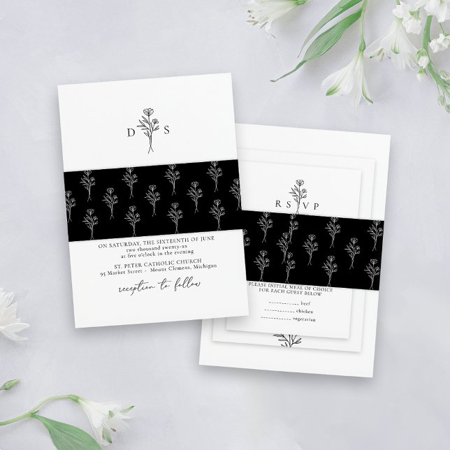 Simple Black Minimalist Floral Pattern Wedding Invitation Belly Band (Creator Uploaded)
