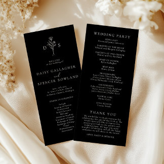 Simple Black Modern Floral Monogram Tall Wedding Program
