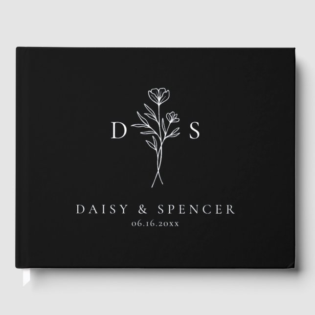 Simple Black Modern Floral Monogram Wedding Guest Book (Front)