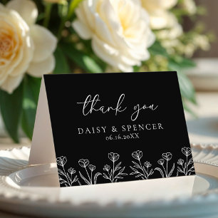 Simple Black Modern Floral Outline Wedding Folded Thank You Card