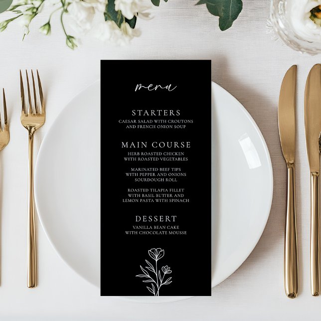 Simple Black Modern Floral Outline Wedding Menu (Creator Uploaded)