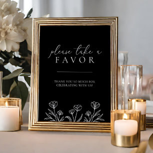 Simple Black Modern Floral Wedding Favour Sign