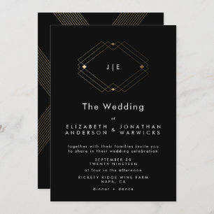 Simple Black Modern Geometric Gold Wedding Invitation