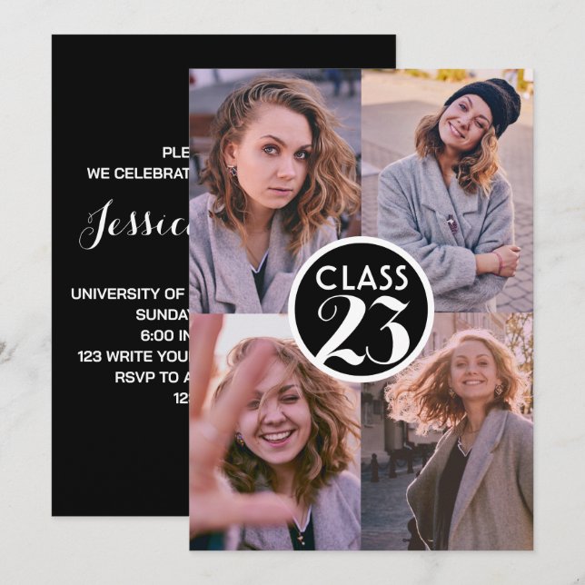 Simple Black Modern Minimal Graduation Photo Party Invitation (Front/Back)