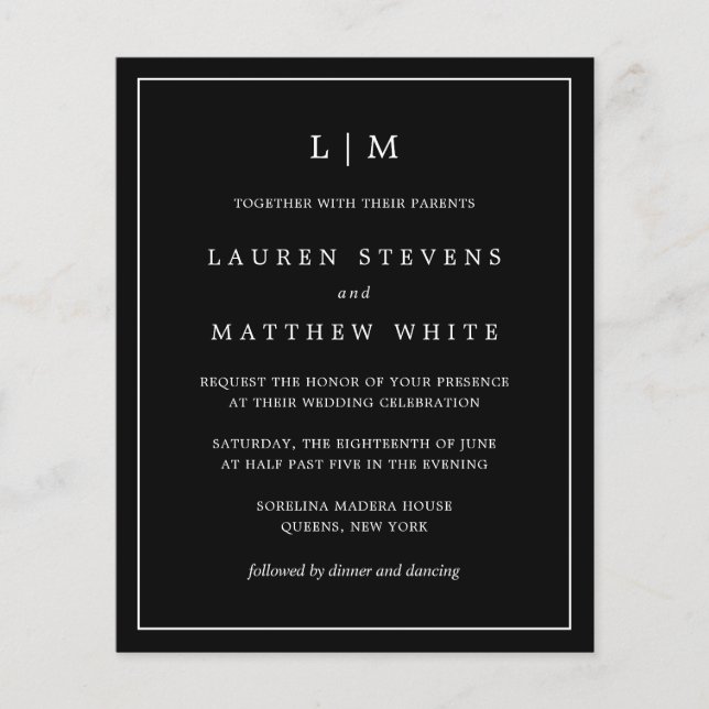 Simple Black Monogram Budget Wedding Invite (Front)