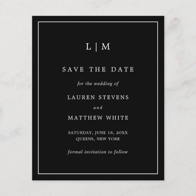 Simple Black Monogram Budget Wedding Save the Date (Front)