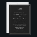 Simple Black Monogram Elegant Wedding Invitation<br><div class="desc">Simple wedding invitation featuring a modern yet elegant design with your two letter monogram at the top and your details surrounded by a thin border. All text is in white over a black background. The fonts and background colours may be changed to any colours you wish by clicking the "customize"...</div>