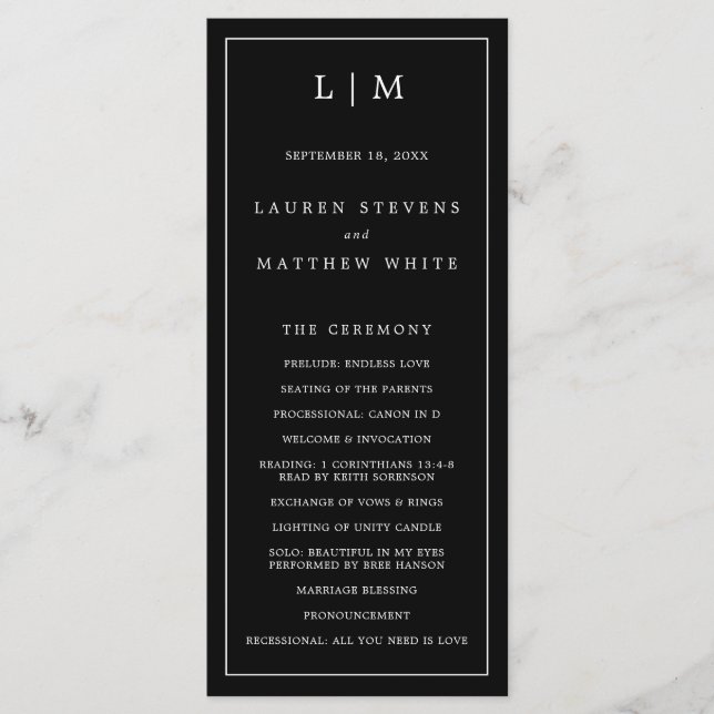 Simple Black Monogram Elegant Wedding Program (Front)