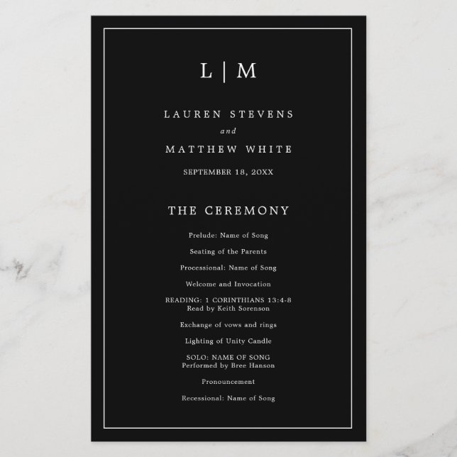Simple Black Monogram Elegant Wedding Program (Front)