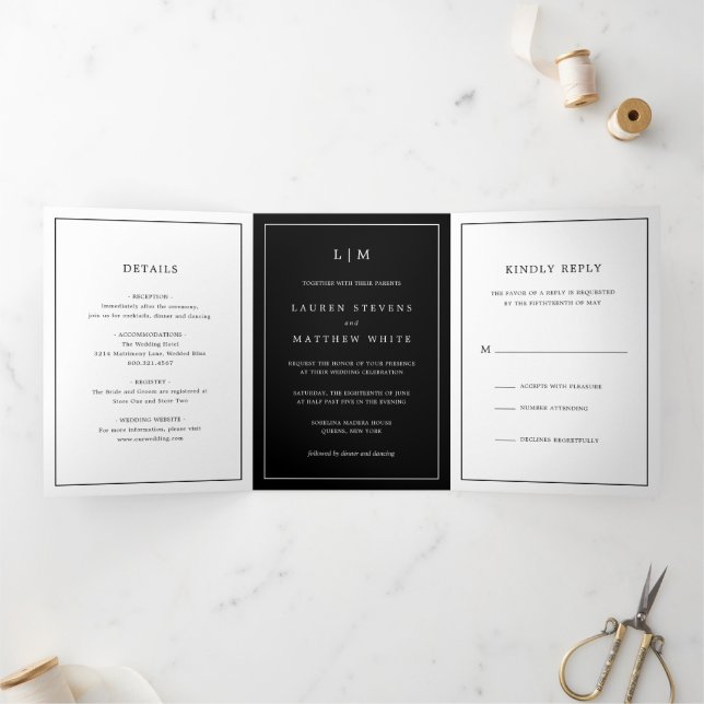 Simple Black Monogram Elegant Wedding Tri-Fold Invitation (Inside)
