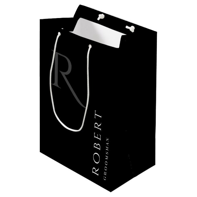 Simple Black Monogram Personalized Groomsmen Mediu Medium Gift Bag (Front Angled)