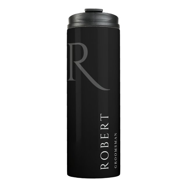 Simple Black Monogram Personalized Groomsmen Thermal Tumbler (Front)