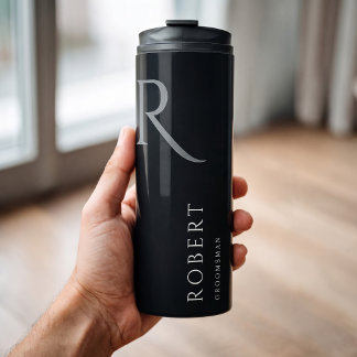Simple Black Monogram Personalized Groomsmen Thermal Tumbler