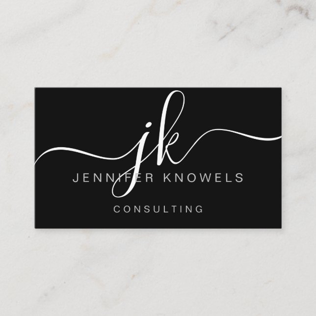 Simple Black Monogram Script Consultant Open Covid Business Card (Front)