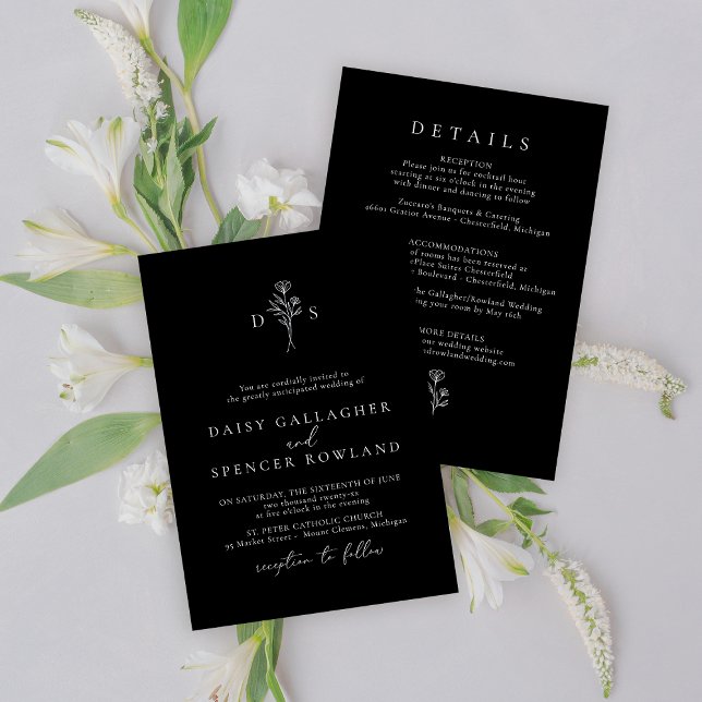 Simple Black Monogram Wedding Invitation & Details (Creator Uploaded)