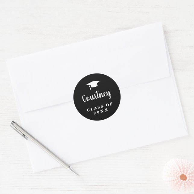 Simple Black Mortar Board Modern Graduation Classic Round Sticker (Envelope)