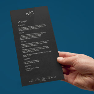 Simple Black Noir Monogram Wedding Reception Menu