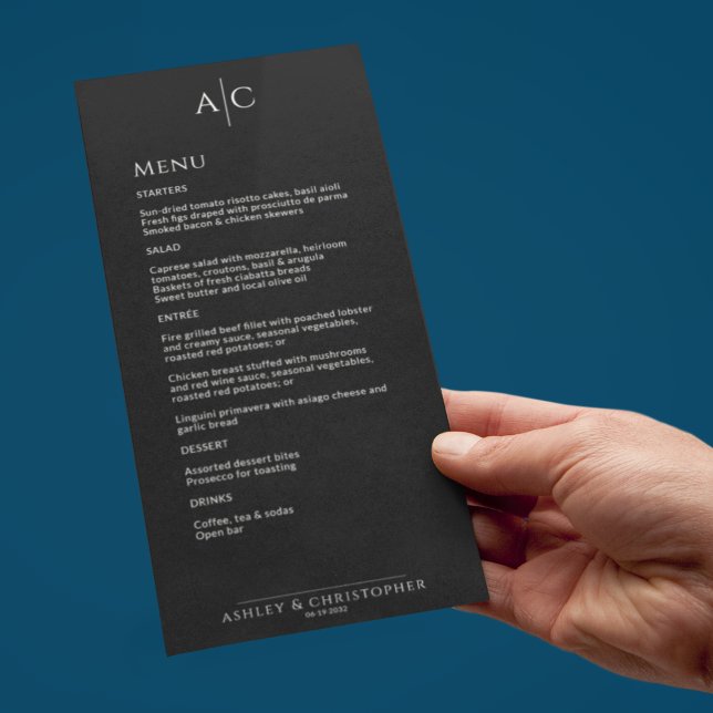 Simple Black Noir Monogram Wedding Reception Menu (Creator Uploaded)