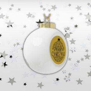Simple Black on Gold Merry Christmas Ceramic Ball Christmas Ornament