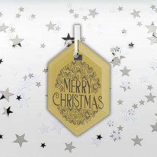 Simple Black on Gold Merry Christmas Glass Ornament