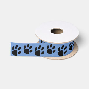 Simple Black Paw Print on Blue Satin Ribbon
