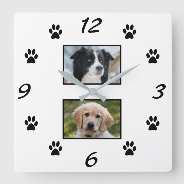 Simple Black Paw Print Pet 2 Photo Collage Square Wall Clock (Front)
