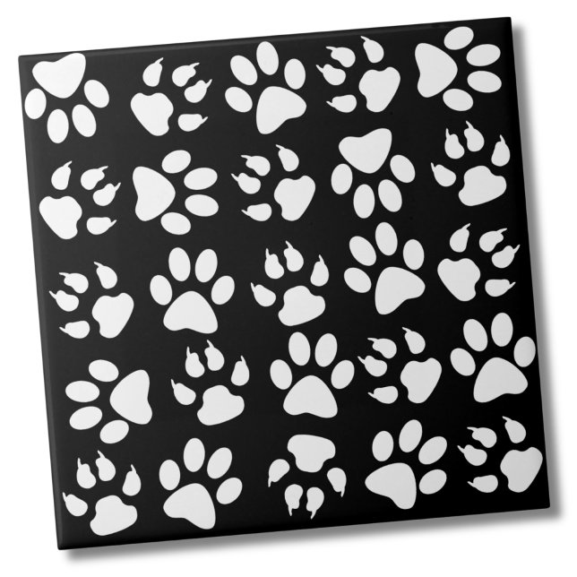 Simple Black Pet Dog Paw Pattern Tile (Simple Black White Pet Dog Paw Print Pattern Ceramic Tile)