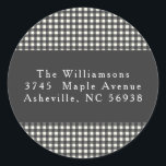 Simple Black Plaid Christmas Return Address Classic Round Sticker<br><div class="desc">Add a charming touch to your mail with this classic gingham return address sticker. Featuring a timeless black-and-white chequered pattern with elegant typography,  this customizable sticker is perfect for wedding invitations,  holiday cards,  or everyday correspondence. Personalize it with your name and address for a polished finishing touch!</div>