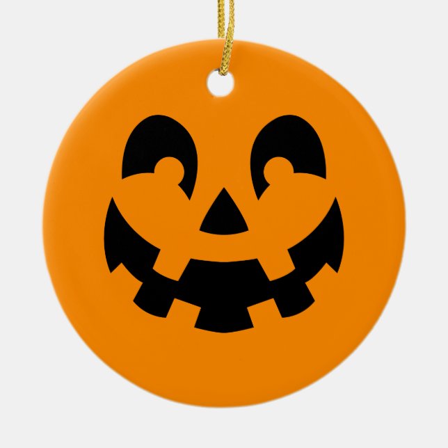 Simple Black Pumpkin Face On Orange Halloween Ceramic Ornament (Front)