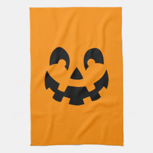Simple Black Pumpkin Face On Orange Halloween Kitchen Towel