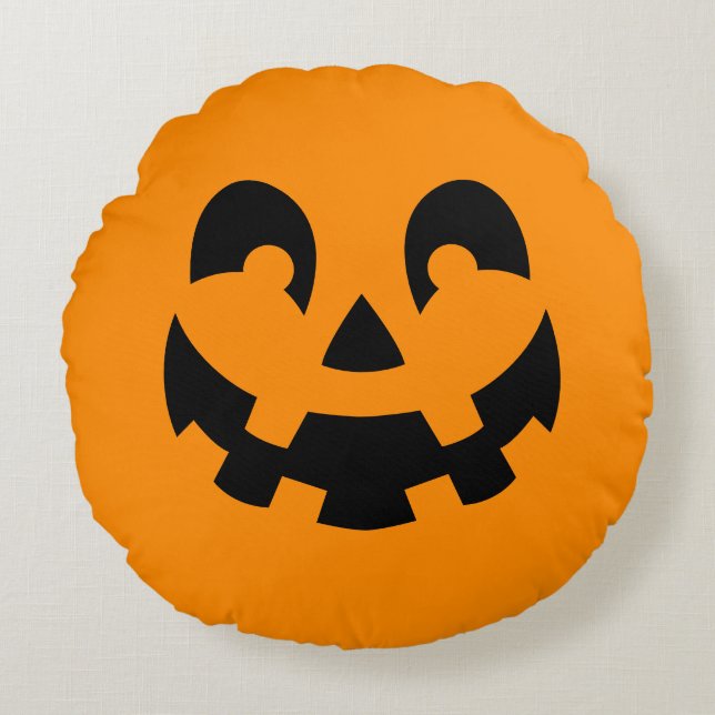 Simple Black Pumpkin Face On Orange Halloween Round Pillow (Front)