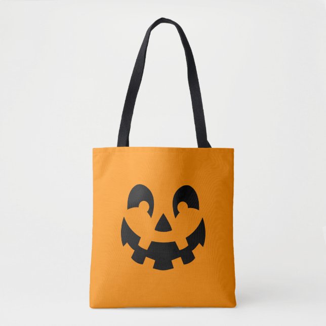 Simple Black Pumpkin Face On Orange Halloween Tote Bag (Front)