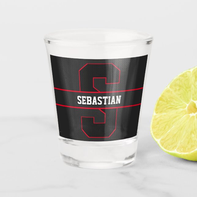 Simple Black Red Personalized Sporty Monogram Shot Glass (Front)
