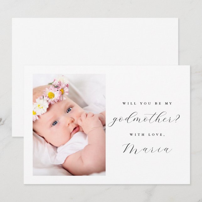 Simple Black Script Godmother Proposal Photo Invitation (Front/Back)
