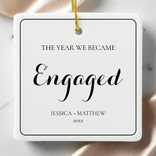 Simple Black Script Our First Christmas Engaged Ceramic Ornament