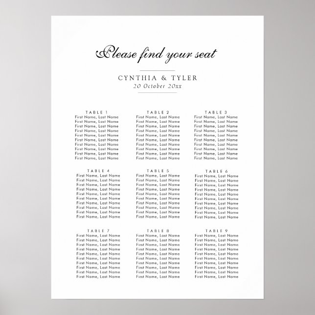 simple black script seating chart (Front)