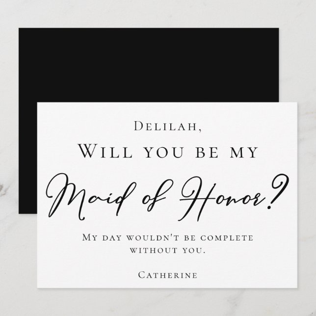 Simple Black Script Will You Be My Maid of Honour Invitation (Front/Back)