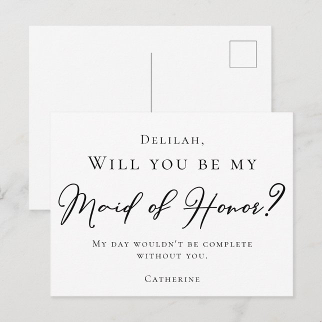 Simple Black Script Will You Be My Maid of Honour Postcard (Front/Back)