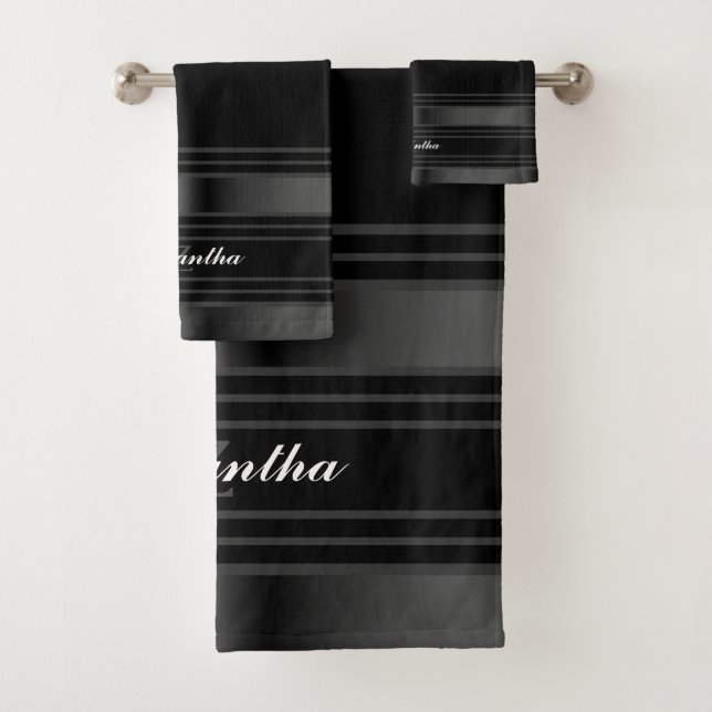 Simple Black, Silver And Grey Lines Bath Towel Set (Insitu)