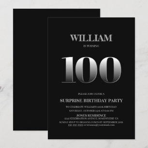 Simple Black Silver Surprise 100th Birthday Invitation